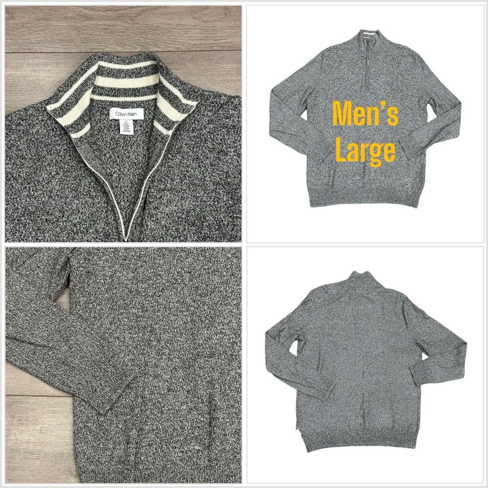 Mens Calvin Klein Large 1/4 Zip Sweatshirt Knit Sweater Gray Long Sleeve